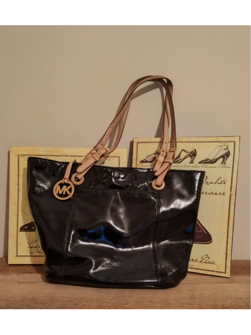 MICHAEL KORS Black MK Logo Monogrammed Patent Leather Tote Purse Handbag Medium